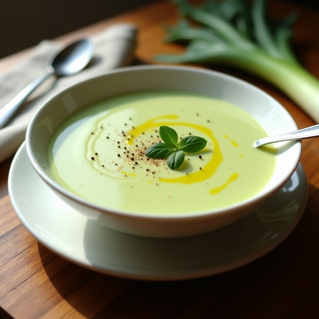 Tazón blanco de sopa crema de puerros y lechuga vegana, con textura sedosa y color verde claro, decorado con un hilo de aceite de oliva y pimienta negra.
