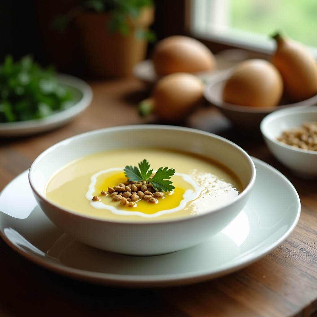 Cuenco de cerámica blanca con sopa crema de topinambur y coliflor, decorada con perejil fresco y semillas de calabaza, sobre fondo rústico de madera.