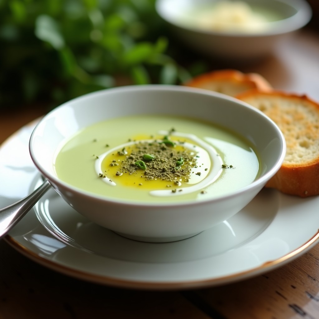 Cuenco blanco hondo con sopa crema de espárragos trigueros de color verde claro, espolvoreada con zaatar y decorada con un hilo de aceite de oliva virgen extra, sobre fondo rústico de madera con pan tostado al lado.
