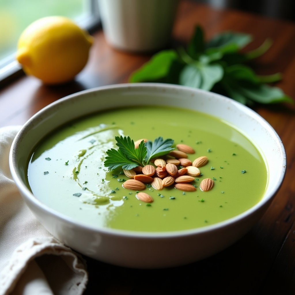 Cuenco blanco hondo con sopa crema de espinacas y alcachofas vegana, decorada con perejil fresco y almendras fileteadas tostadas, sobre fondo de madera rústica.