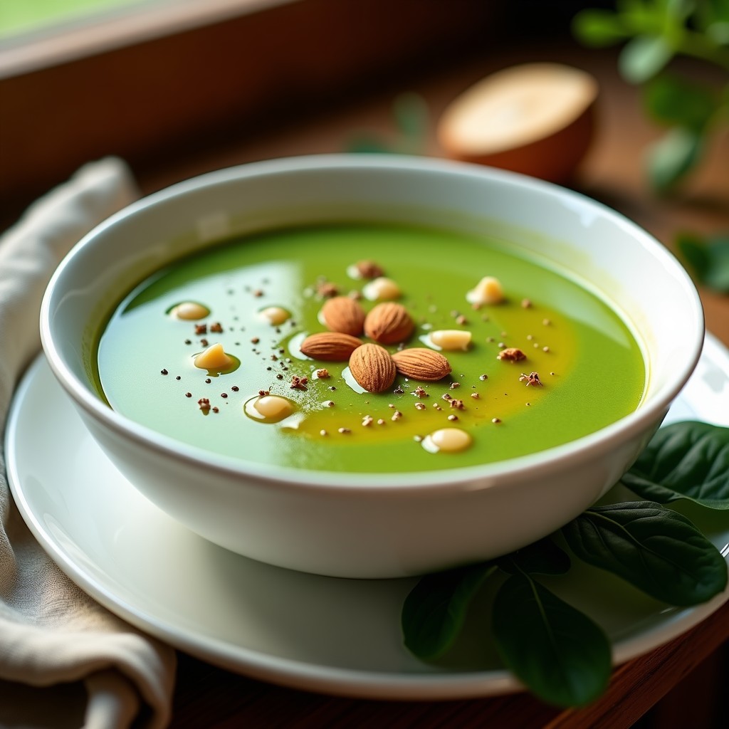 Cuenco blanco con sopa crema de espinacas verde vibrante y almendras tostadas, decorada con hilo de aceite de oliva y pimienta negra, servida sobre mesa de madera rústica.