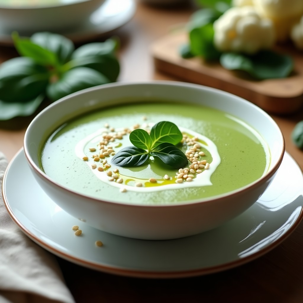 Cuenco blanco con sopa crema de espinacas y coliflor keto, decorada con un hilo de aceite de oliva y semillas de sésamo, sobre fondo rústico de madera.