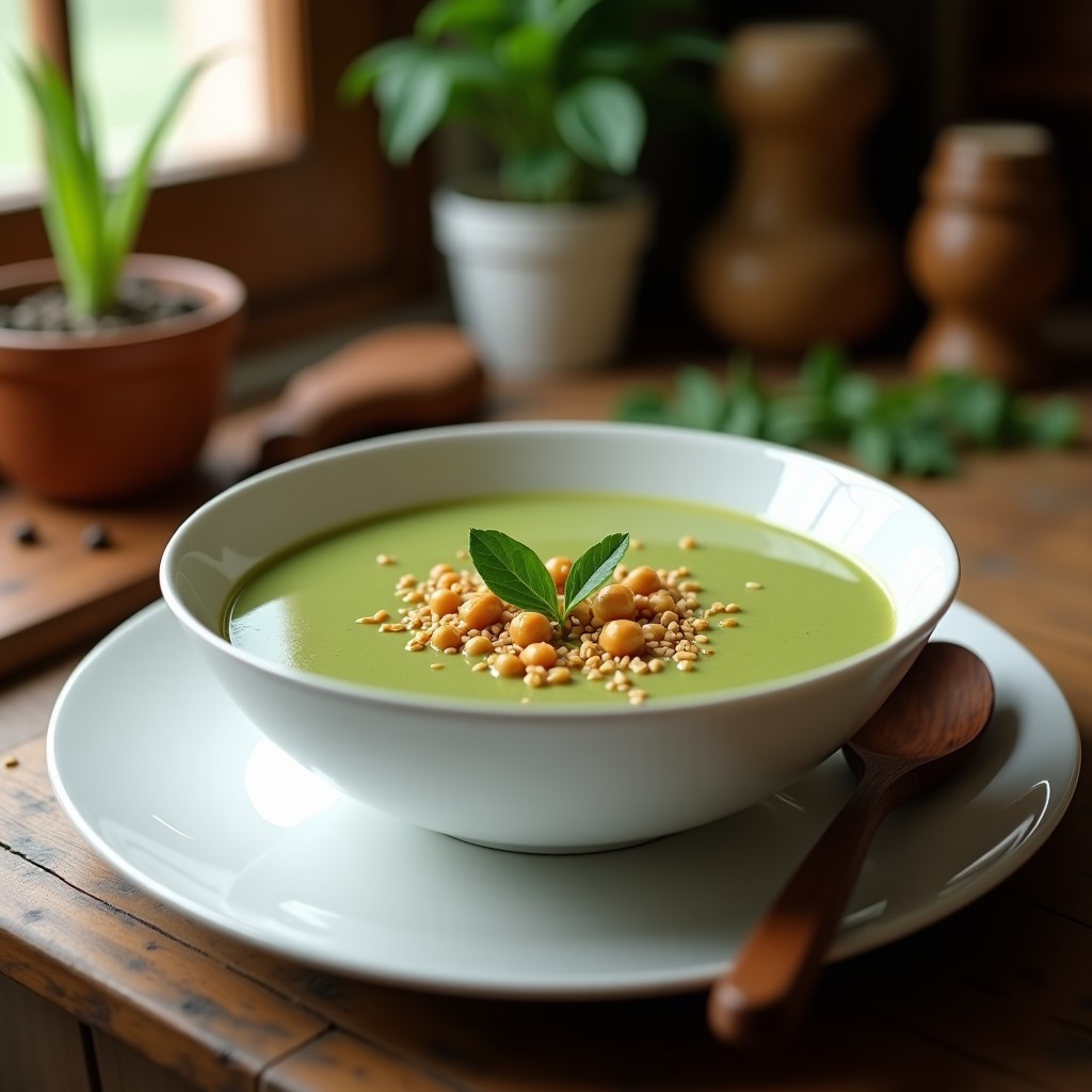 Cuenco de cerámica blanca con sopa crema de espinacas y garbanzos, decorada con semillas de sésamo tostadas, servida en mesa de madera rústica con cucharón de madera.
