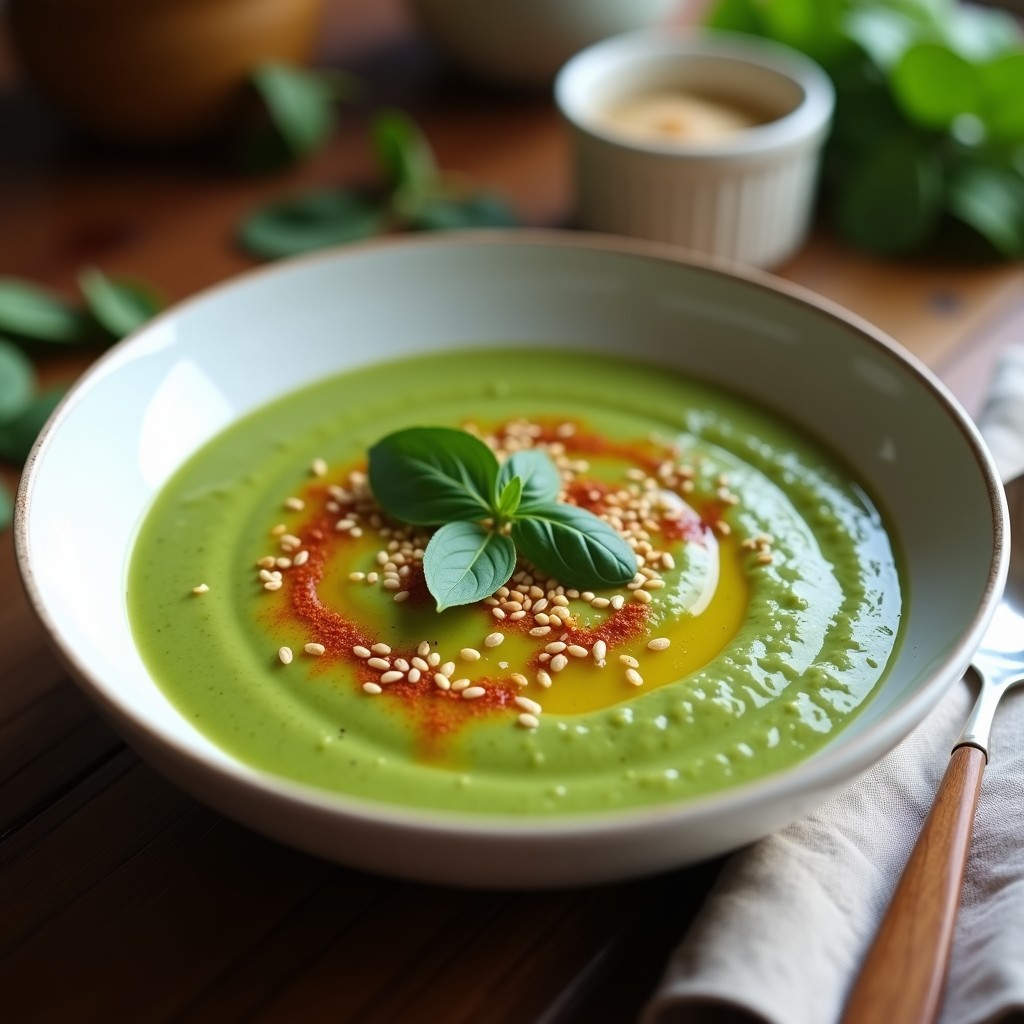 Sopa crema de espinacas y garbanzos servida en un bol blanco, con un hilo de aceite de oliva y semillas de sésamo tostadas, receta Thermomix alta en hierro.