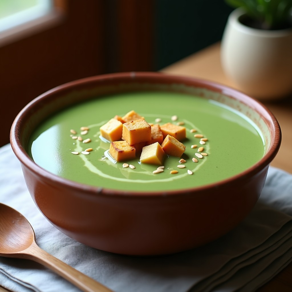 Cuenco hondo de cerámica blanca con sopa crema de espinacas y tofu ahumado, decorada con semillas de sésamo tostadas y trozos de tofu dorado, sobre un mantel de lino gris.