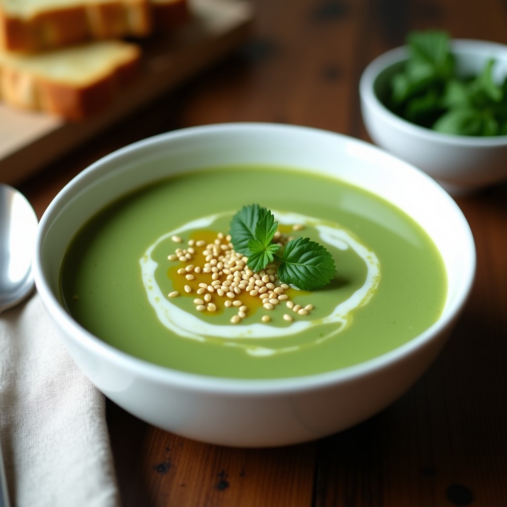 Cuenco blanco con sopa crema de espinacas y tofu en airfryer, textura sedosa y color verde intenso, decorada con semillas de sésamo y aceite de oliva.