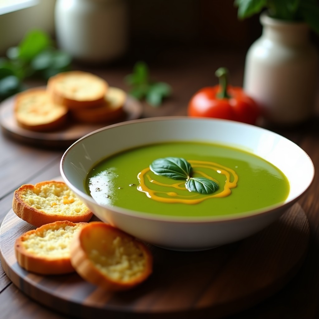 Cuenco blanco de loza con sopa crema de espinacas de color verde vibrante, decorada con un hilo de aceite de oliva y acompañada de tostadas doradas de pan con ajo. Plato sobre mesa de madera rústica con fondo desenfocado.