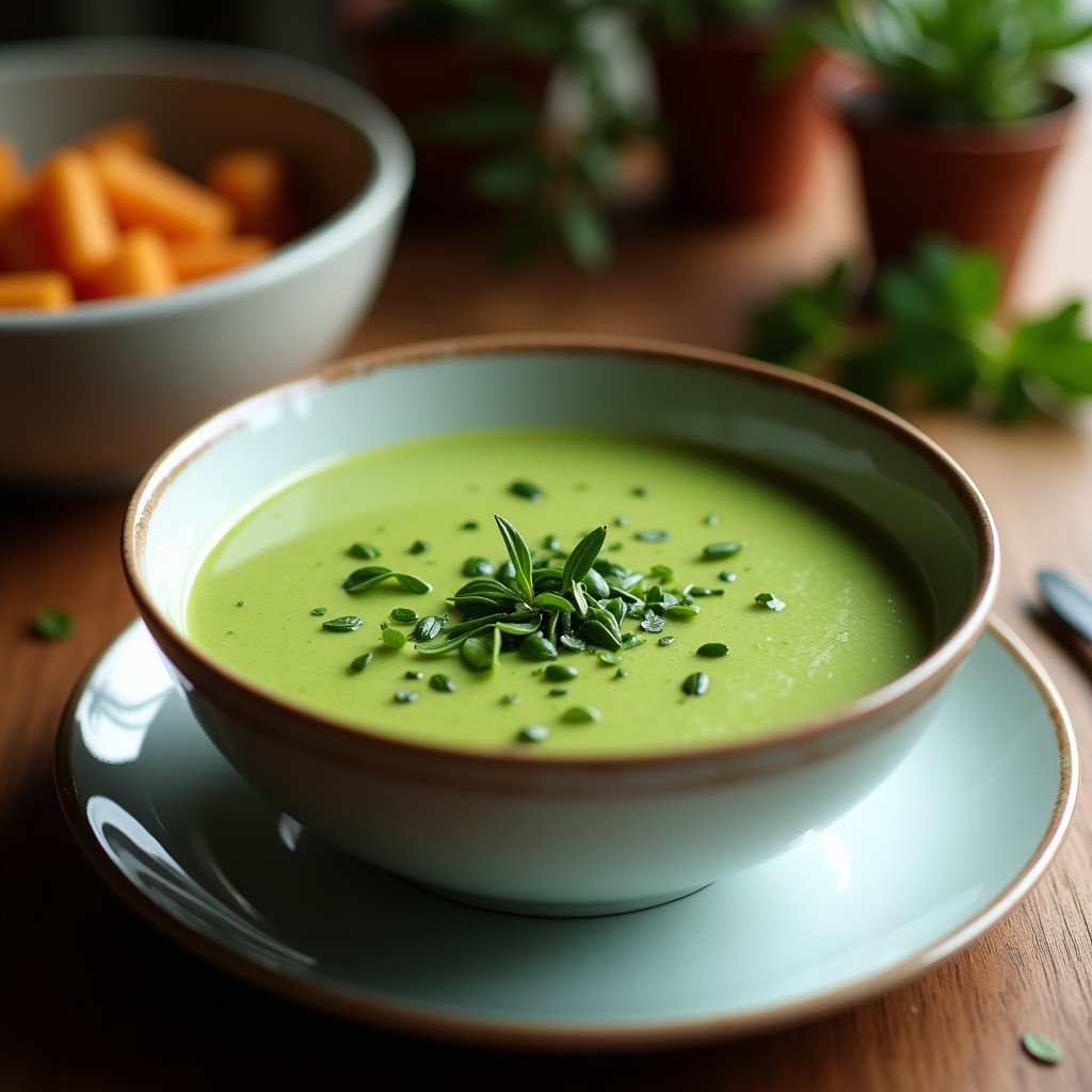 Cuenco blanco con sopa crema de espirulina y jengibre, decorada con cilantro fresco y una rodaja de limón, sobre fondo de madera rústica.