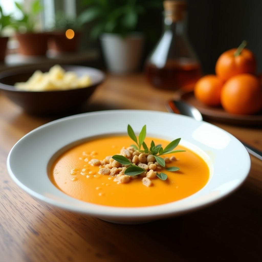 Cuenco blanco con sopa crema de hinojo y naranja, decorada con almendras tostadas, eneldo fresco y un hilo de aceite de oliva virgen extra sobre fondo rústico de madera.