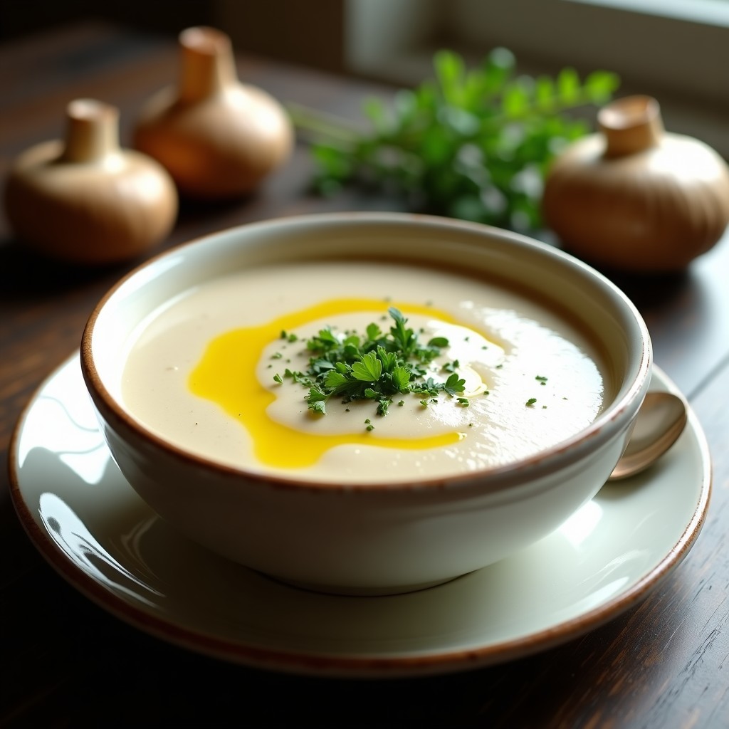 Cuenco de cerámica blanca con crema de hongos ostra espumosa, decorada con perejil fresco y un hilo de aceite de oliva, sobre fondo rústico de madera con tomillo fresco.