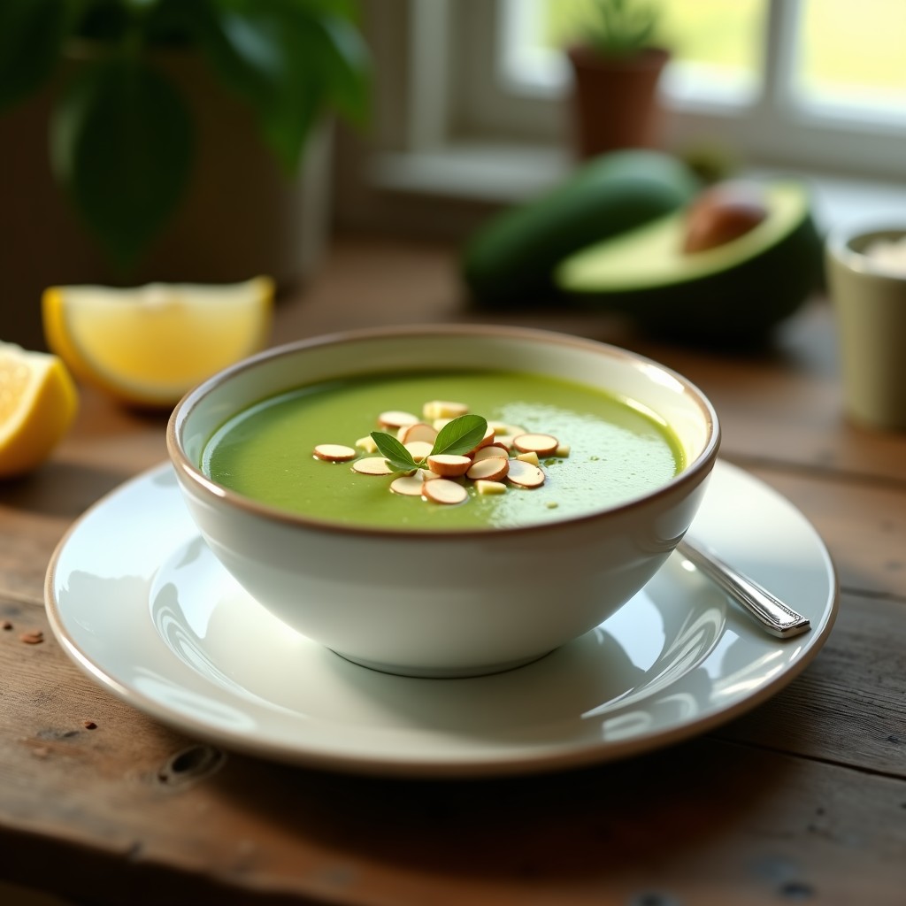 Cuenco blanco con sopa crema de palta y espinaca de color verde vibrante, decorada con cubos de aguacate y almendras fileteadas, servida sobre una mesa de madera rústica.