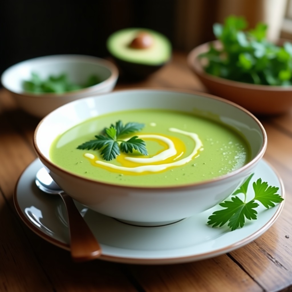 Bol de sopa crema de palta y perejil en color verde vibrante, decorada con hojas de perejil fresco y un hilo de aceite de oliva, sobre una mesa de madera rústica.