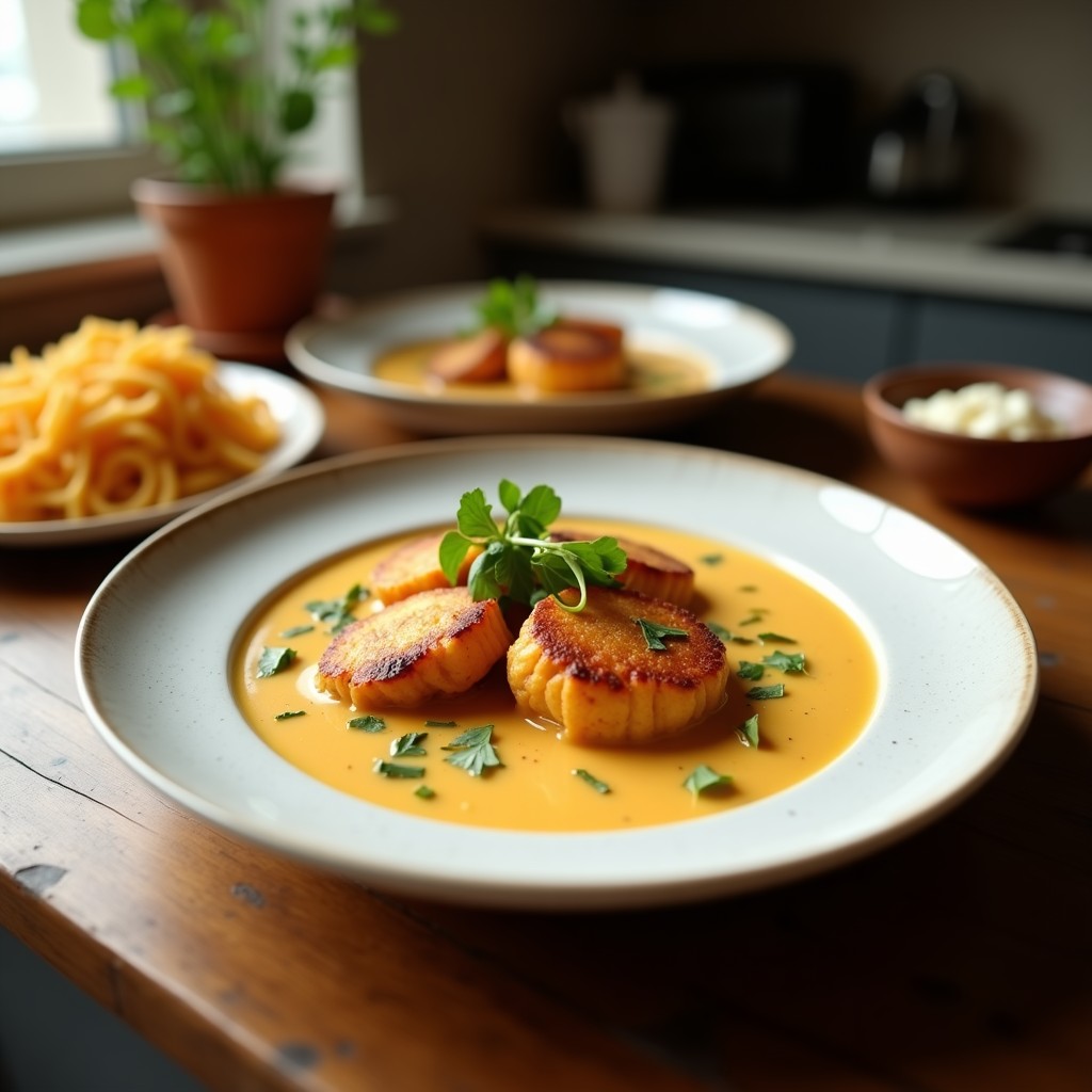 Cuenco blanco con sopa crema de papa y poro, decorada con perejil fresco y un hilo de aceite de oliva, servida en mesa rústica con pan tostado al lado.