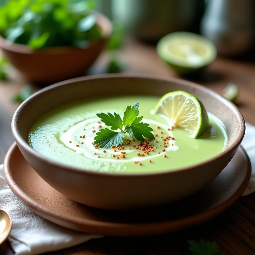Tazón de sopa crema de poroto mung detox de color verde claro, decorada con cilantro fresco y rodajas de limón, con textura sedosa y humeante.
