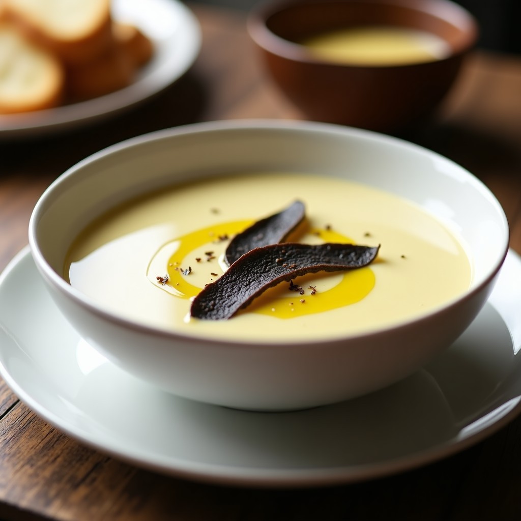 Plato hondo blanco con sopa crema de puerro y patata, textura sedosa y color crema, decorada con láminas de trufa negra y un hilo de aceite de oliva virgen extra. Fondo rústico con pan tostado.