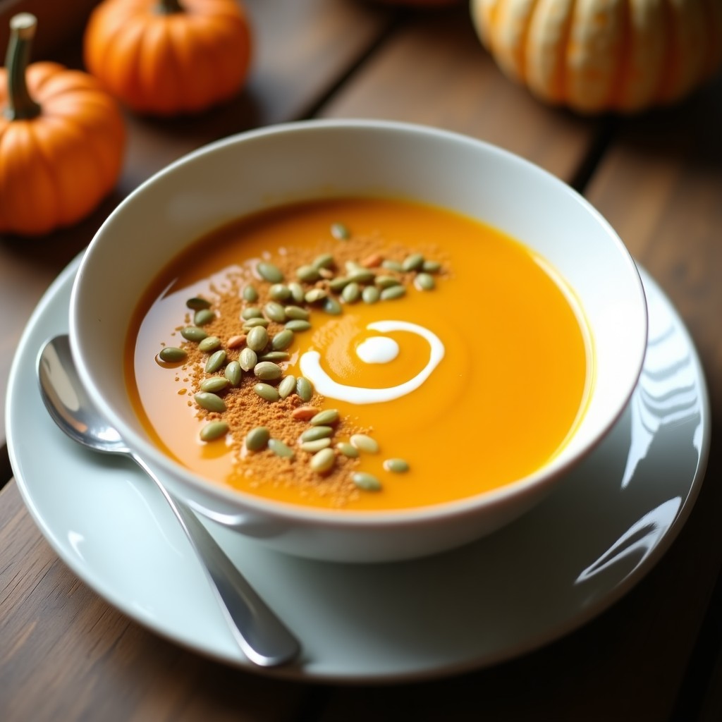 Plato hondo blanco con sopa crema de zapallo lacayote de color naranja suave, decorada con un hilo de crema de leche y un toque de curry en polvo, acompañada de semillas de calabaza tostadas.