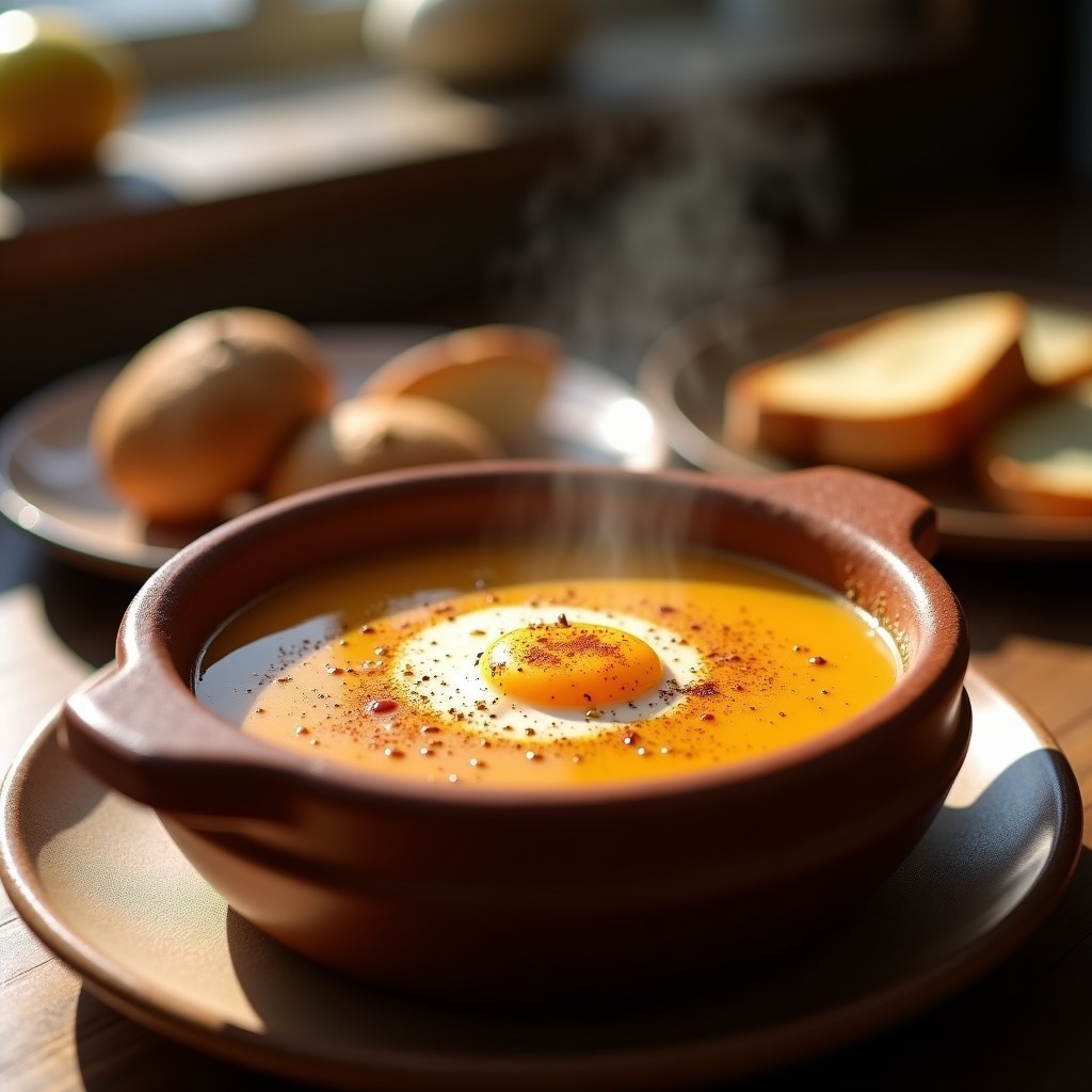 Cuenco de barro humeante con sopa de ajo artesanal espesa, huevo poché en el centro, espolvoreada con pimentón ahumado y acompañada de rebanadas de pan tostado, receta Thermomix con toque a leña.