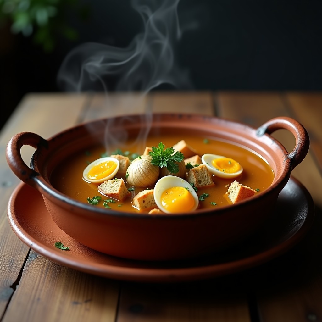Cazuela de barro humeante con sopa de ajo gallego, almejas abiertas, huevo en hebras y perejil fresco, receta tradicional gallega.