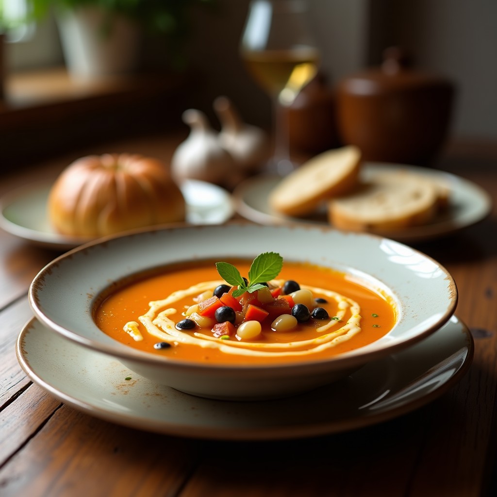 Cazuela de barro humeante con sopa de ajo tradicional española, huevos poché, trozos de pan desmenuzado y perejil fresco, sobre fondo rústico.