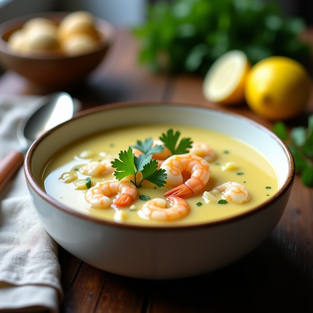 Plato hondo de cerámica blanca con sopa de alcachofas con gambas cremosa, servida con perejil fresco y rodajas de limón, cocinada en airfryer sin aceite.