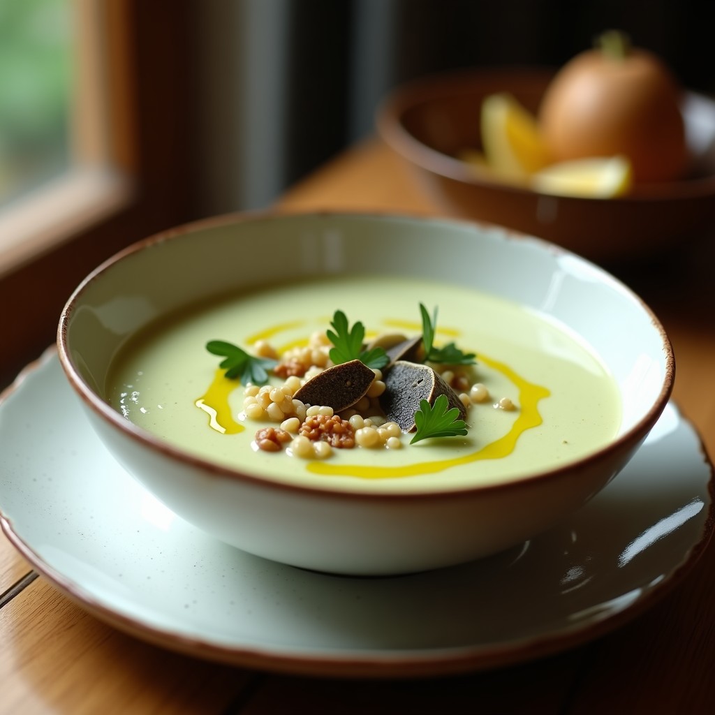 Cuenco hondo de cerámica blanca con sopa de alcachofas cremosa, decorada con láminas de trufa negra, nueces picadas y perejil fresco, sobre fondo rústico de madera.