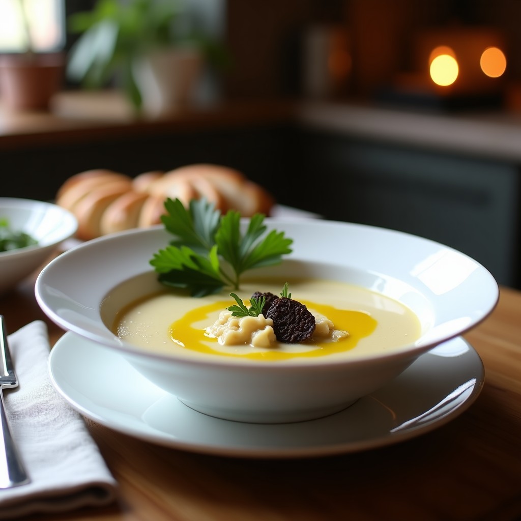 Cuenco blanco elegante con sopa de alcachofas trufada cremosa, decorada con trozos de trufa negra, perejil fresco y un hilo de aceite de oliva virgen extra.