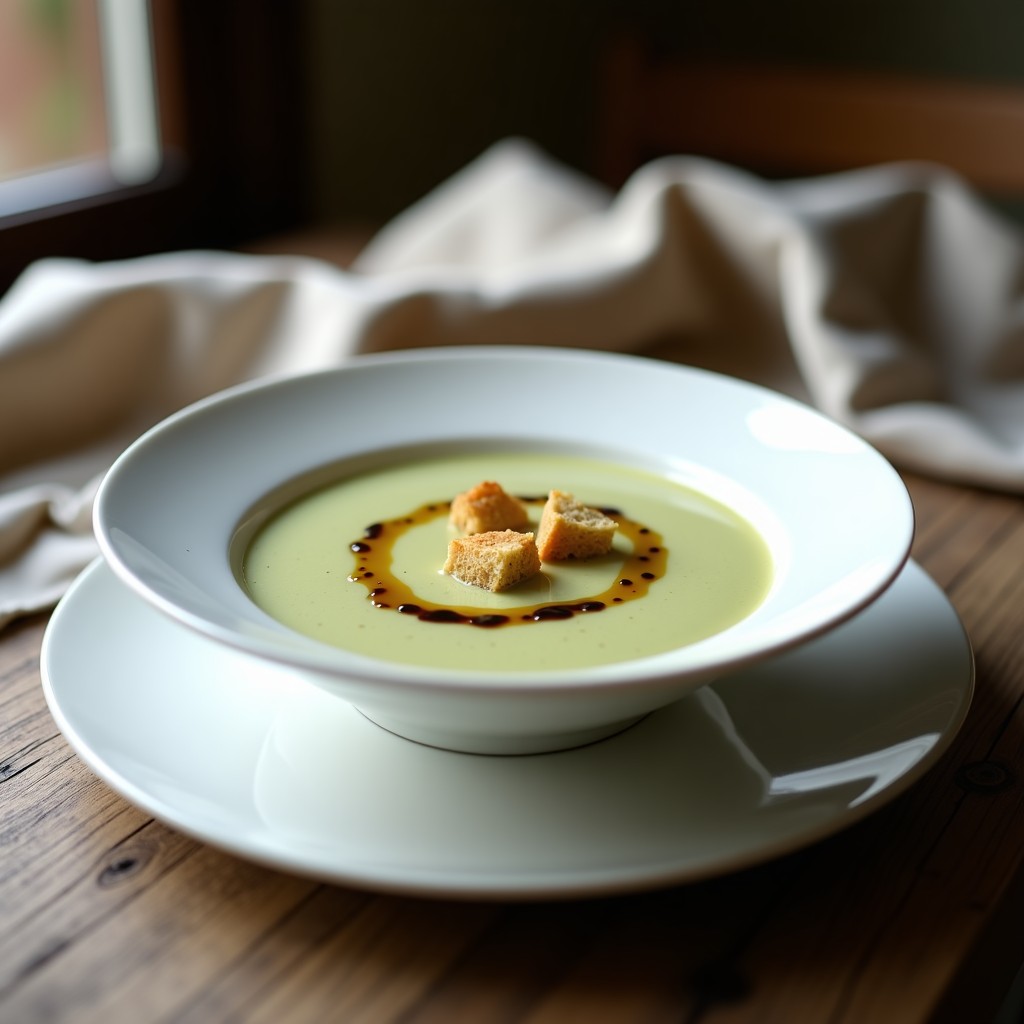 Cuenco de porcelana blanca con sopa de alcachofas trufada, cremosa y de color verde pálido, decorada con un hilo de aceite de trufa negra y croutons dorados. Fondo de mesa de madera rústica con un paño de lino.
