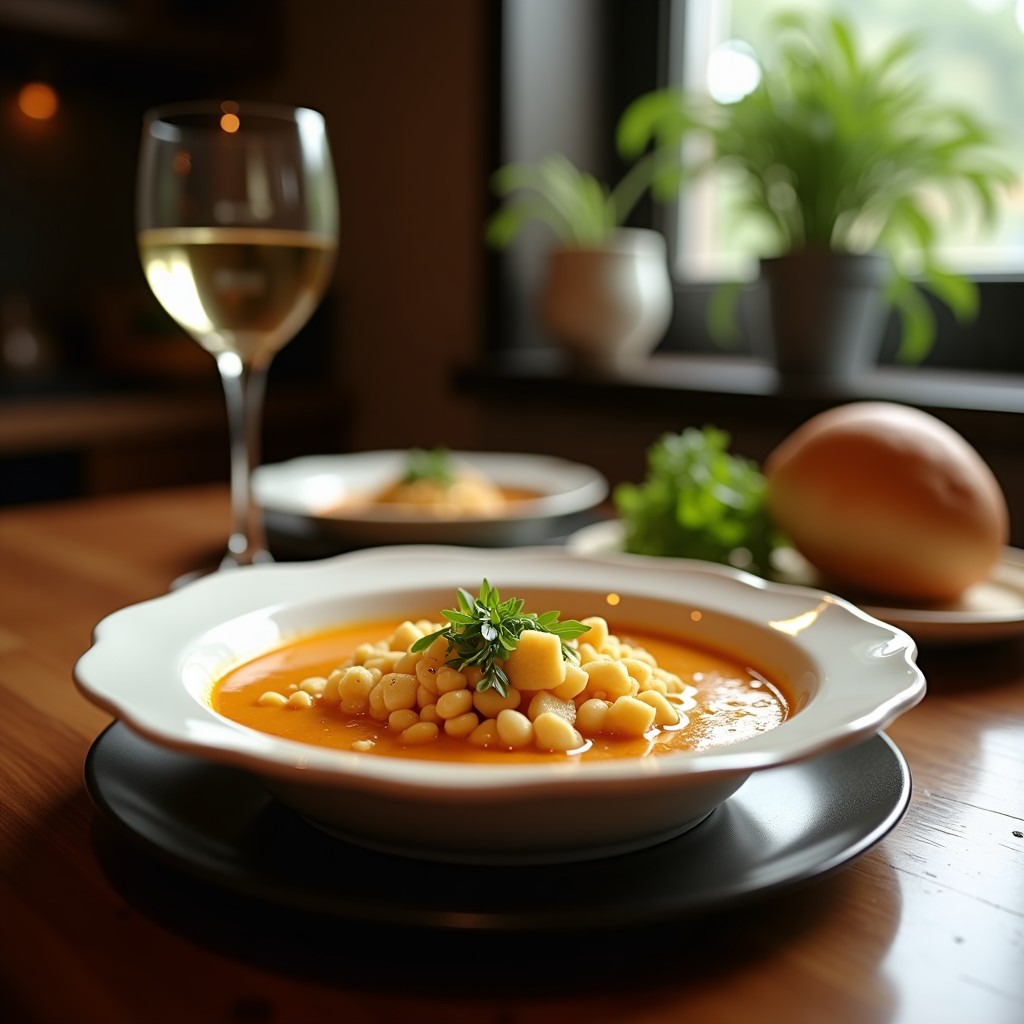 Cuenco blanco hondo con sopa de alcachofas trufadas de color verde pálido, decorada con un hilo de aceite de trufa negra y hojas de perejil fresco, sobre un mantel de lino gris.