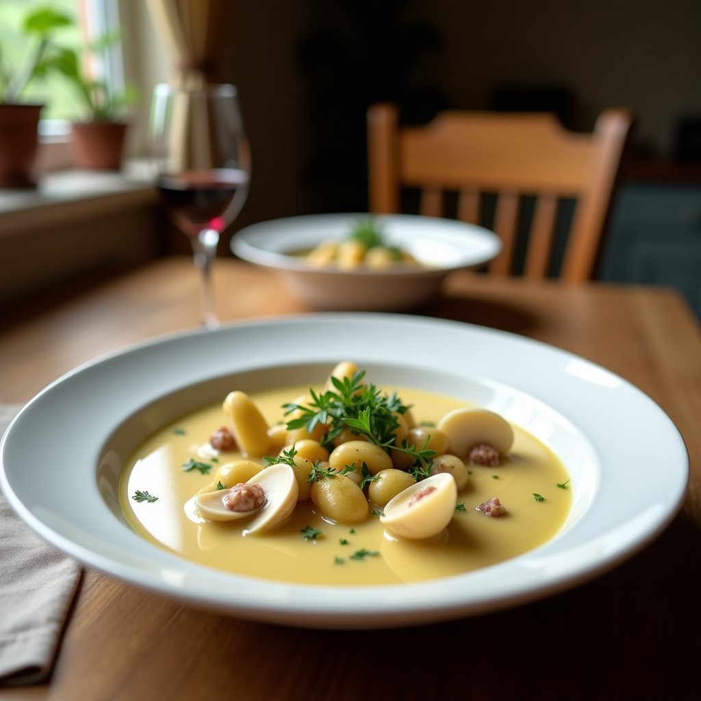 Cuenco de cerámica blanca con sopa humeante de alcachofas y almejas, decorada con perejil fresco y un chorrito de aceite de oliva virgen extra. Al fondo, rodajas de limón y pan tostado.