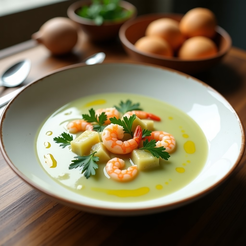 Cuenco de cerámica blanca con sopa de alcachofas y gambas, cremosa y espumosa, decorada con perejil fresco y un hilo de aceite de oliva, servida en mesa rústica con fondo borroso.