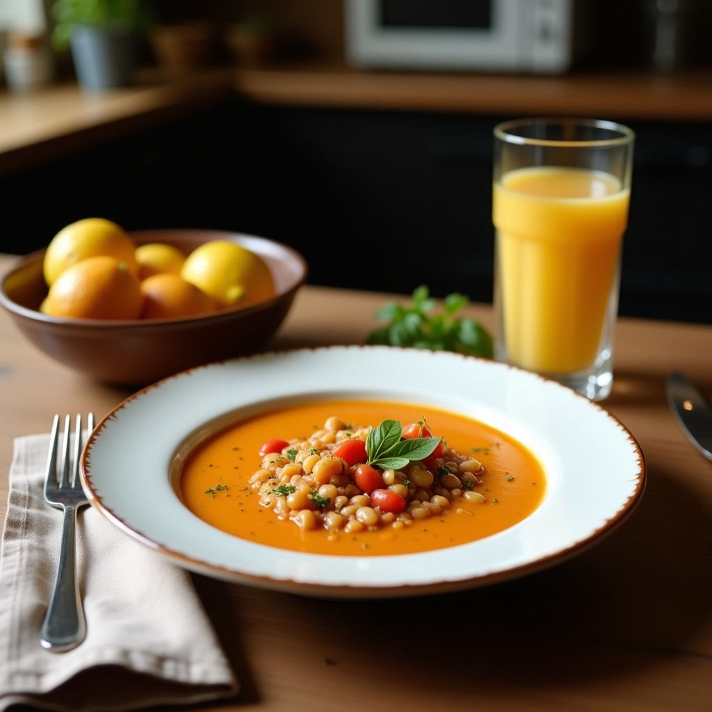 Cuenco blanco con sopa cremosa de alcachofas al zaatar, decorada con yogur griego, hojas de menta y un hilo de aceite de oliva virgen extra, servida sobre una mesa de madera rústica.