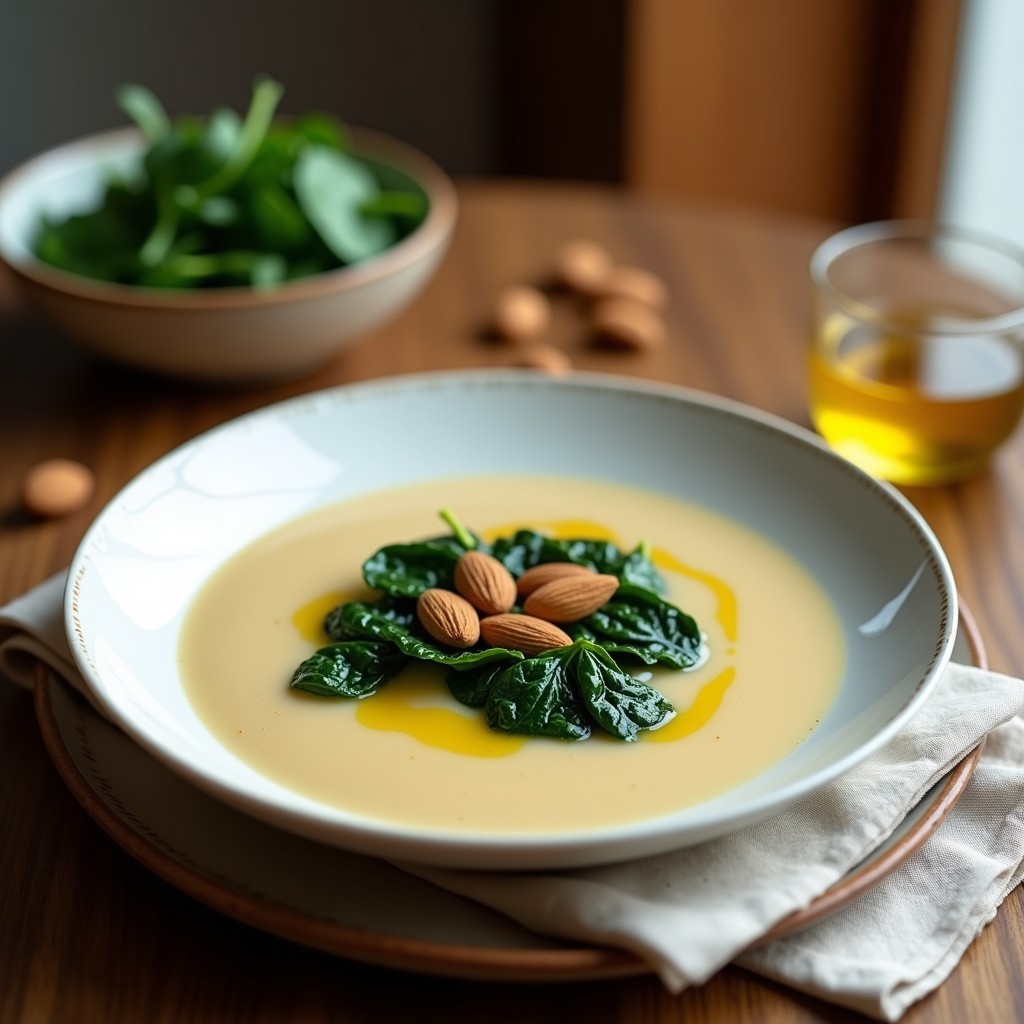 Cuenco hondo de cerámica blanca con sopa cremosa de almendras, decorada con espinacas crujientes tostadas y un chorrito de aceite de oliva. Receta vegana alta en proteína.