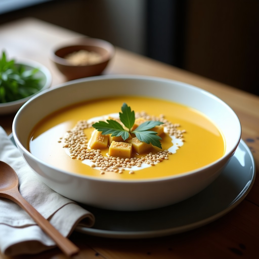 Cuenco hondo blanco con sopa de apio nabo y tofu ahumado, textura ultracremosa, decorado con perejil fresco y semillas de sésamo, servido sobre mesa de madera rústica.