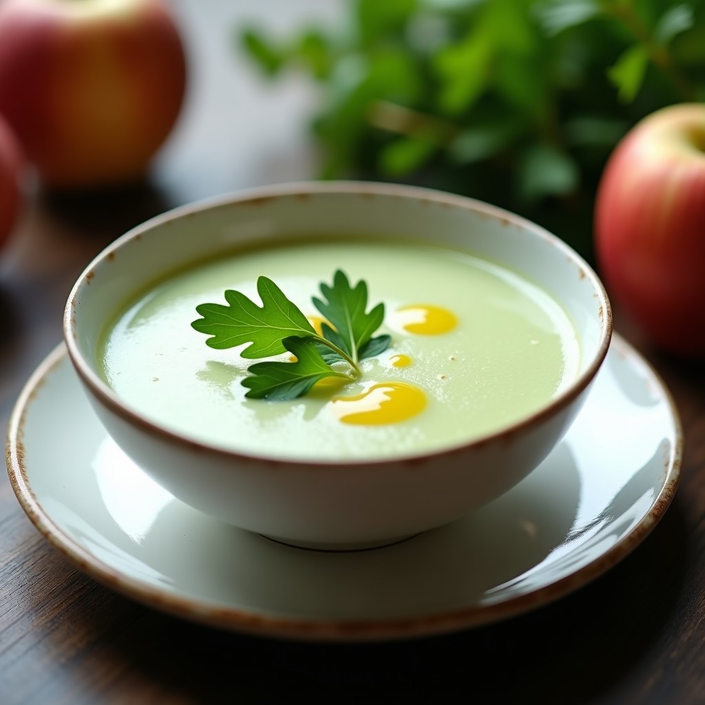 Cuenco blanco con sopa cremosa de apio y manzana, decorada con hojas de apio fresco y un hilo de aceite de oliva virgen extra, sobre fondo rústico de madera.