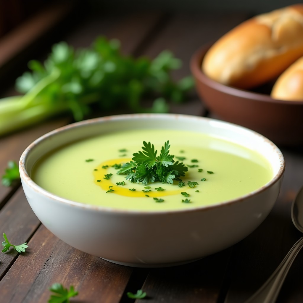 Cuenco de cerámica blanca con sopa de apio y patata cremosa, decorada con perejil fresco y un hilo de aceite de oliva virgen extra, sobre fondo rústico de madera.