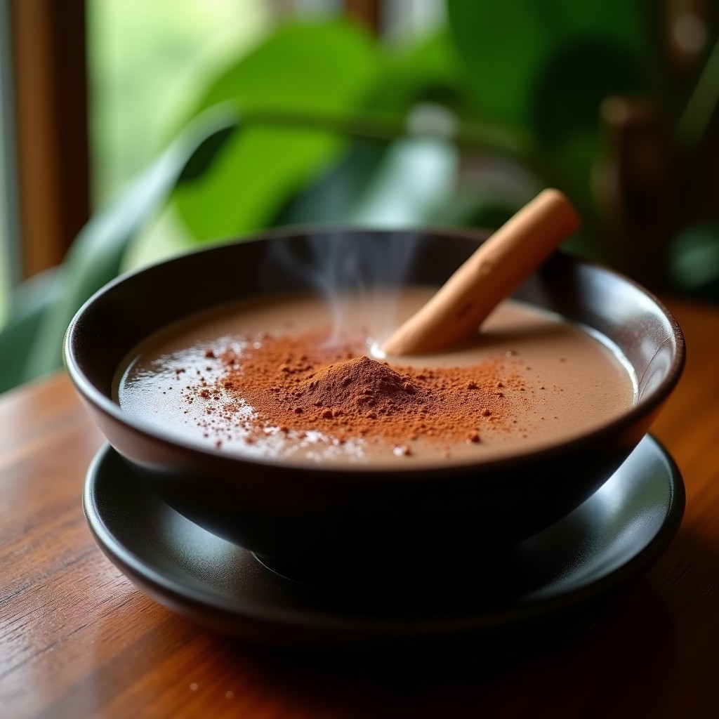 Tazón de cerámica oscura con sopa de cacao amazónica espumosa, espolvoreada con canela y cacao en polvo, acompañado de una rama de canela y hojas verdes de fondo.