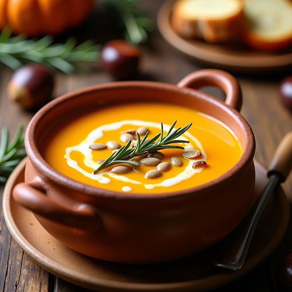 Cazuela de barro humeante con sopa de castañas y calabaza asada, color naranja intenso, decorada con aceite de oliva y romero fresco sobre fondo rústico de madera.