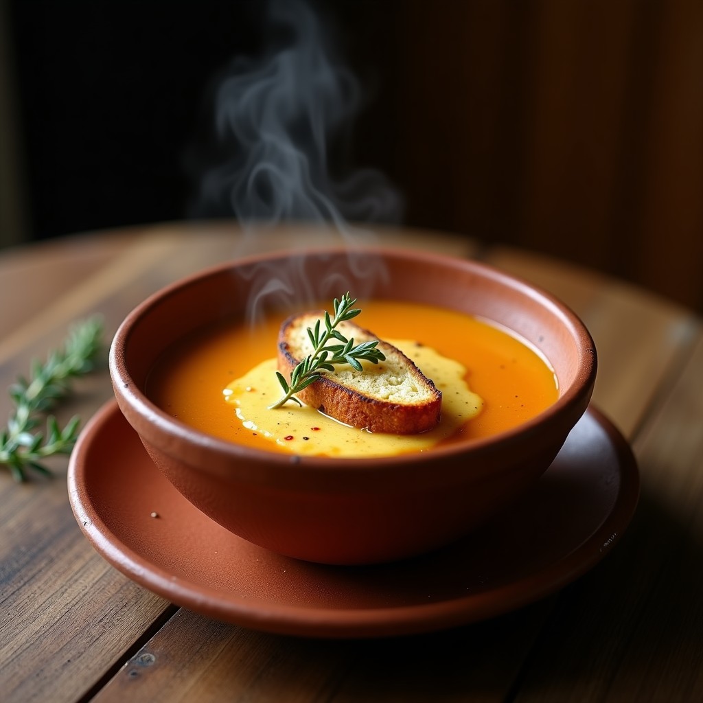Cuenco de barro con sopa de cebolla gratinada vegana, cebollas caramelizadas en caldo dorado, pan tostado cubierto de queso vegano derretido y gratinado, decorado con tomillo fresco.