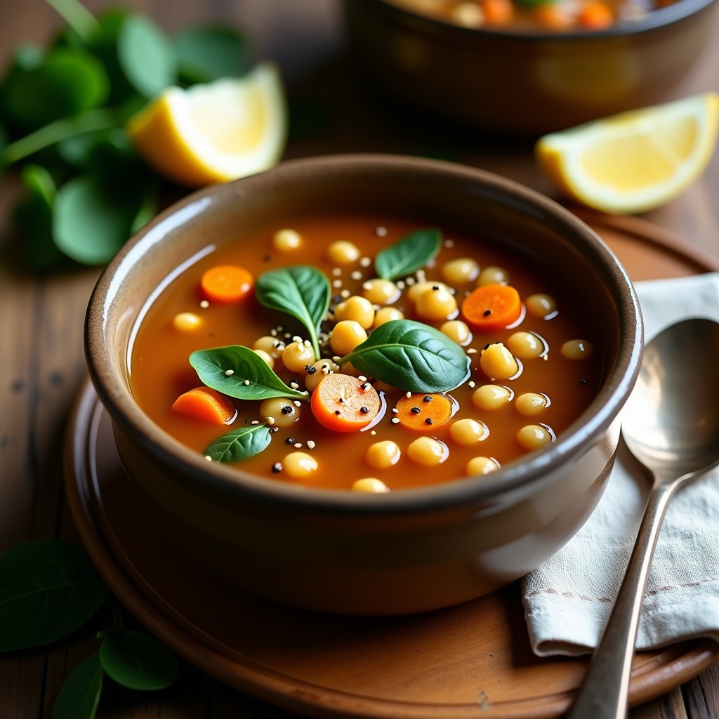 Plato hondo de barro con sopa de garbanzos y espinacas con comino, decorada con semillas de sésamo tostadas y un chorrito de aceite de oliva, sobre fondo rústico de madera.