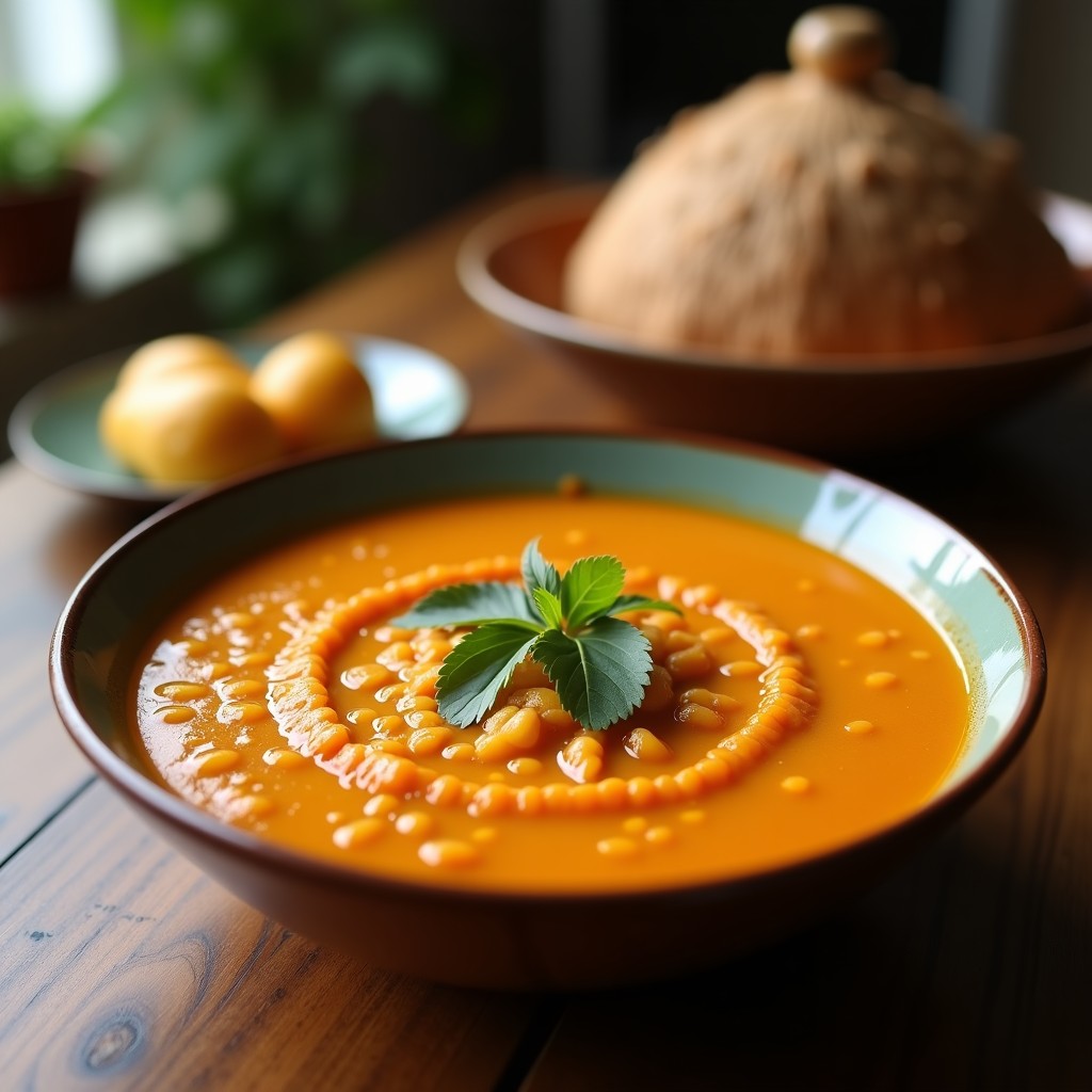 Cuenco hondo de cerámica blanca con sopa de lentejas rojas cremosa, especiada con curry y enriquecida con leche de coco, decorada con cilantro fresco y una rodaja de limón.