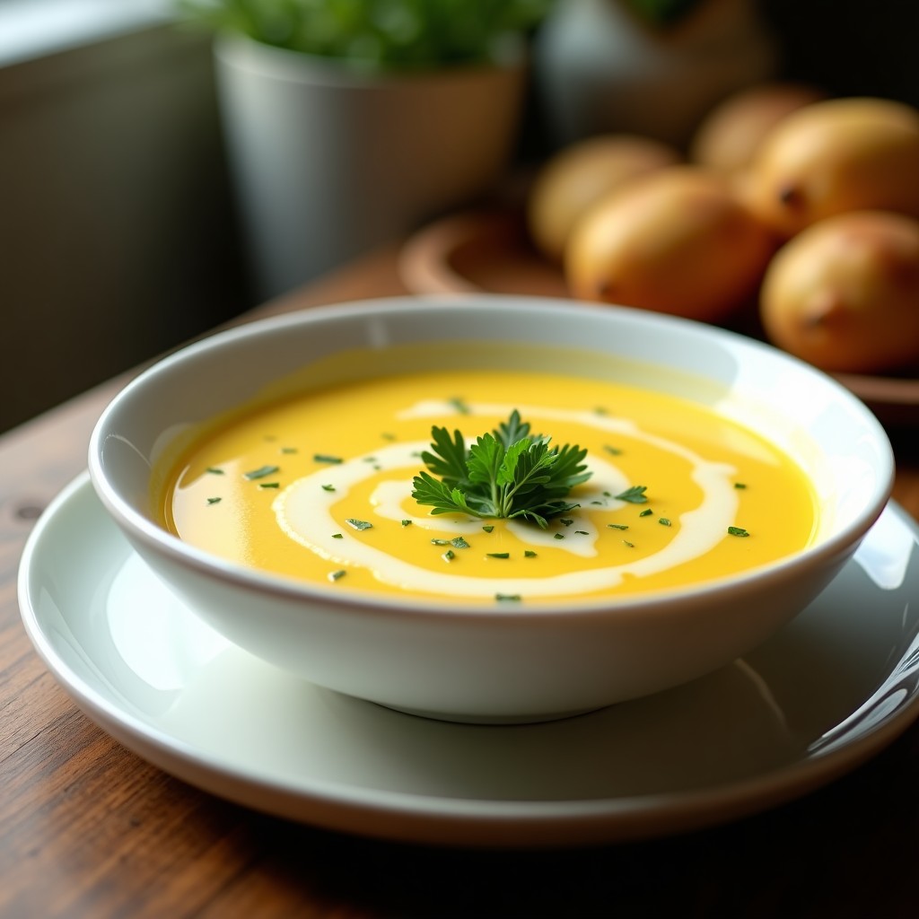 Cuenco blanco hondo con sopa de papa y coliflor vegana ultra cremosa, decorada con perejil fresco y un hilo de aceite de oliva, servida sobre una mesa de madera rústica.