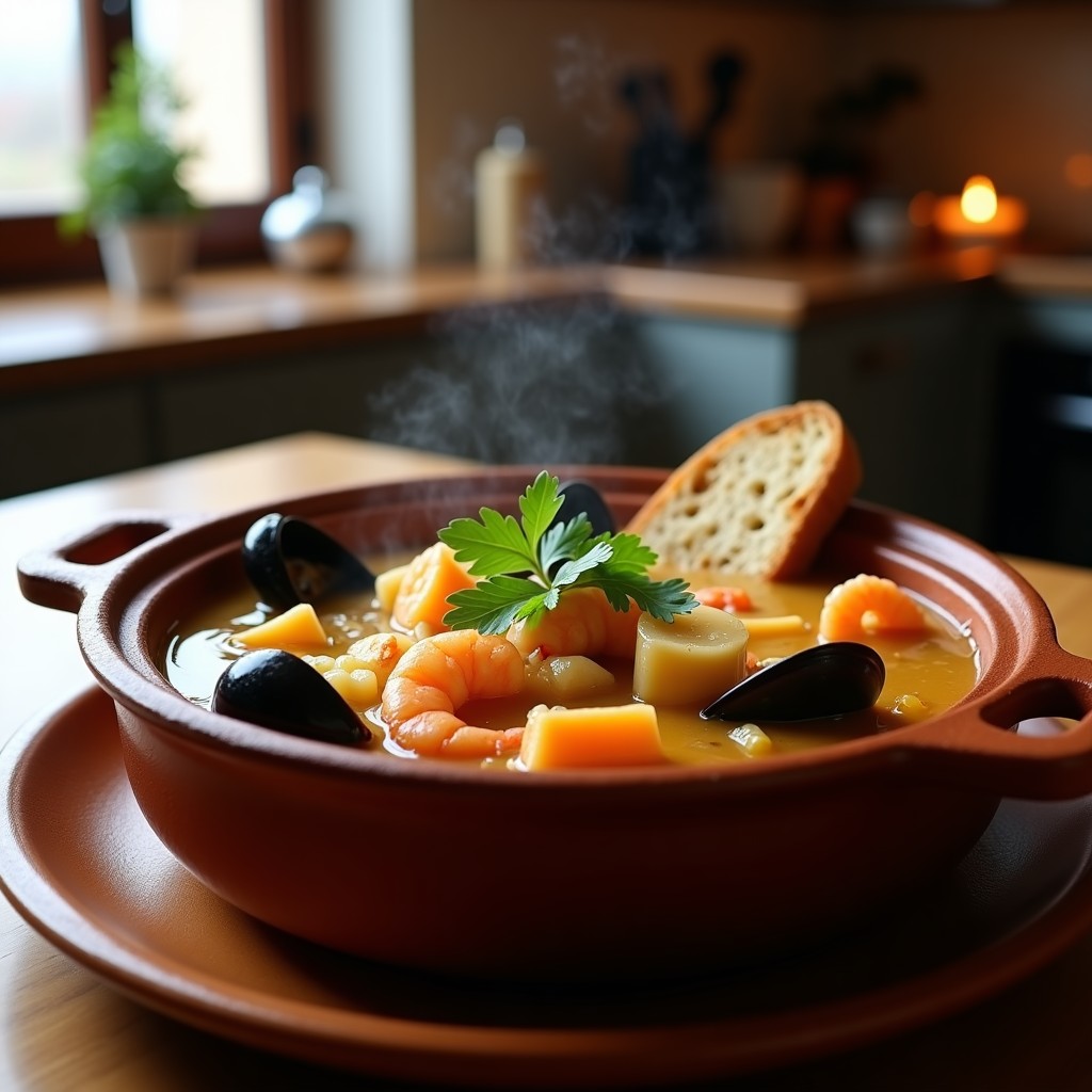 Cazo de barro humeante con sopa de pescado gallega en Thermomix, llena de trozos de merluza, gambas y mejillones en un caldo dorado aromatizado con pimentón y perejil fresco.