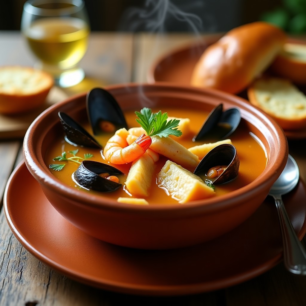 Cazo de barro con sopa de pescado malagueña humeante, trozos de merluza, rape, gambas y mejillones en un caldo dorado, decorado con perejil fresco y acompañado de pan tostado.