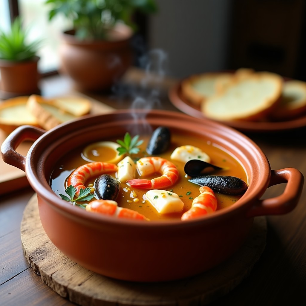 Olla de barro humeante con sopa de pescado y mariscos andaluza, llena de trozos de rape, merluza, gambas rojas y mejillones, acompañada de pan tostado.