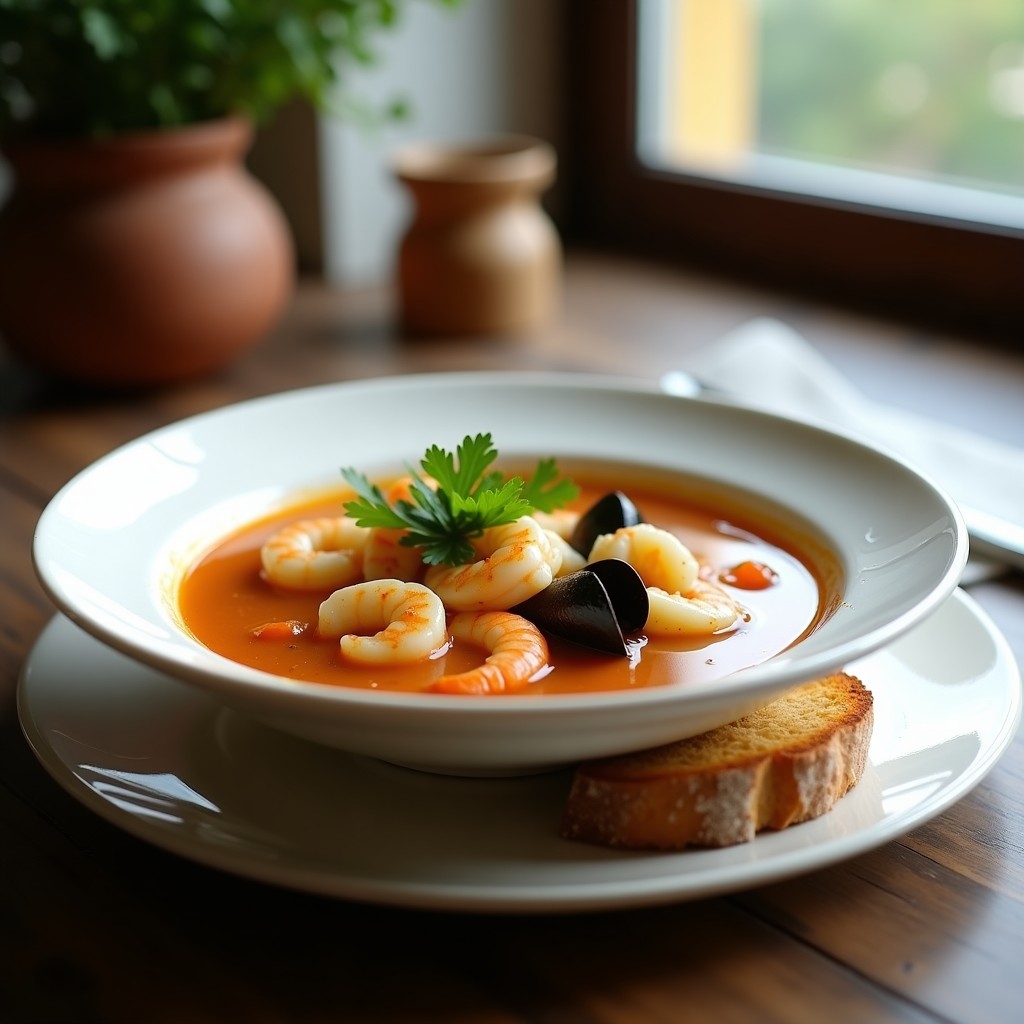 Cuenco hondo de cerámica blanca con sopa de pescado y mariscos a la cantabra, llena de trozos de merluza, gambas, mejillones y calamares en un caldo dorado con azafrán, servida sobre pan tostado y espolvoreada con perejil fresco.