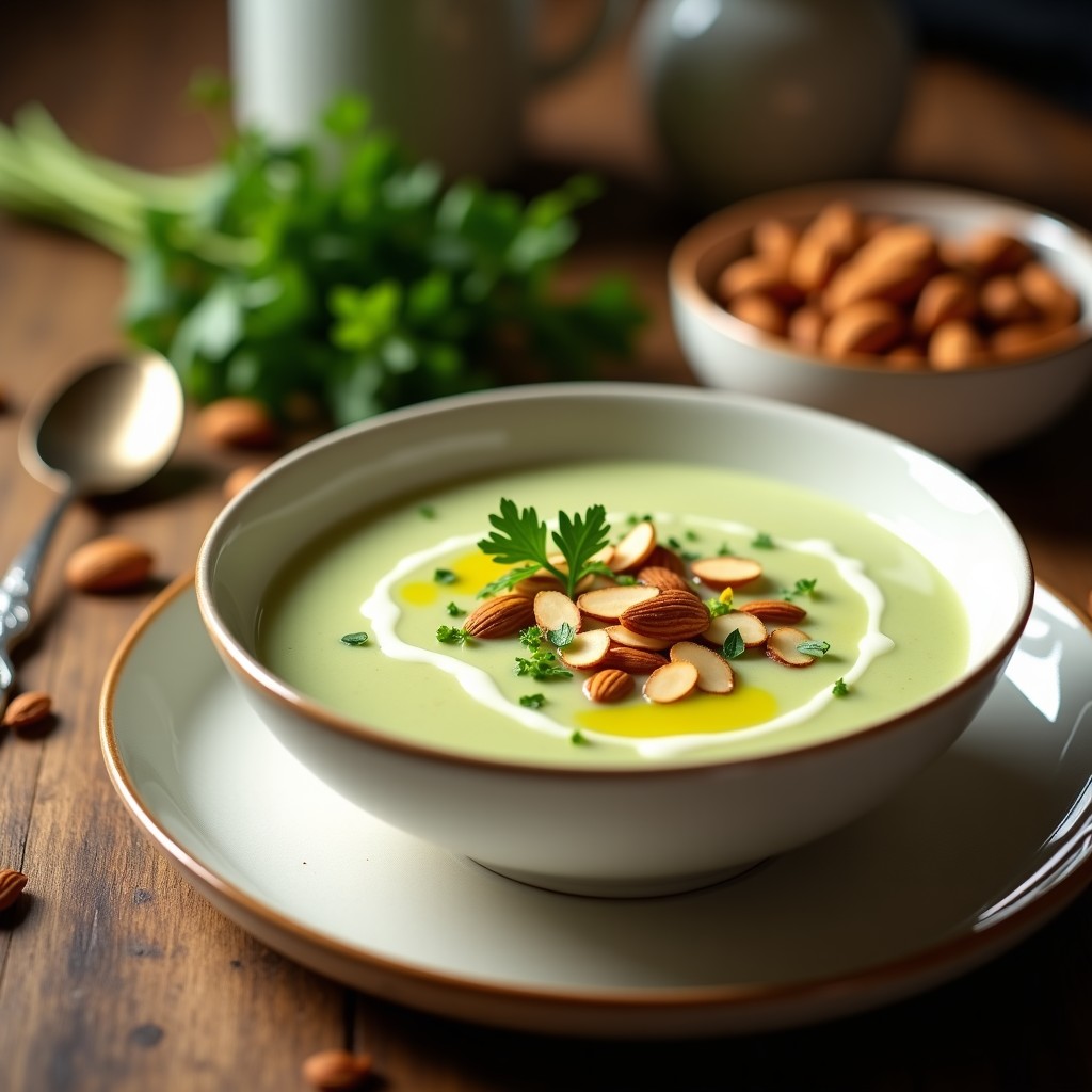 Plato hondo de cerámica blanca con sopa cremosa de espárragos blancos y almendras sin lácteos, decorada con almendras tostadas doradas, perejil fresco y un hilo de aceite de oliva. Fondos borrosos de cocina rústica.