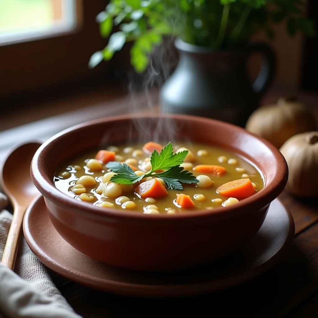 Cuenco de barro humeante con sopa espesa de cebada y champiñones ahumados, decorada con perejil fresco y un chorrito de aceite de oliva, sobre una mesa rústica de madera.