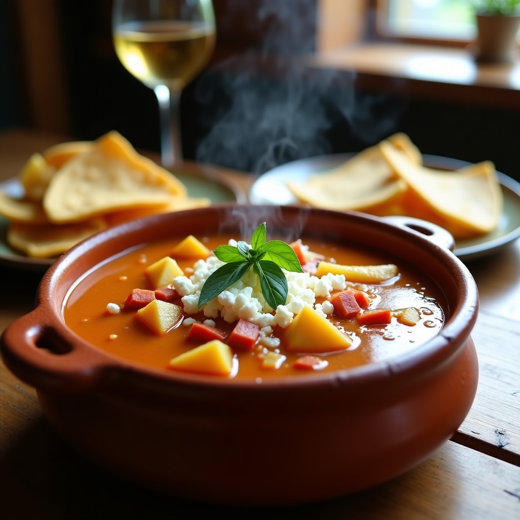 Olla de barro con sopa espesa de papa y chorizo pastor, decorada con epazote fresco y queso desmenuzado, servida en un plato hondo de cerámica con tortillas al lado.
