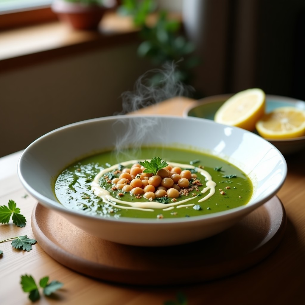 Plato hondo de cerámica blanca con sopa cremosa de espinacas y garbanzos ahumados, decorada con salsa de tahini y rodajas de limón, sobre fondo rústico de madera.