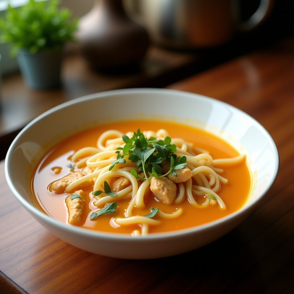 Cuenco de cerámica blanca con sopa de fideo de arroz y pollo con azafrán, caldo dorado y trozos de pollo, zanahoria y perejil fresco. Plato tradicional español servido en olla rápida.